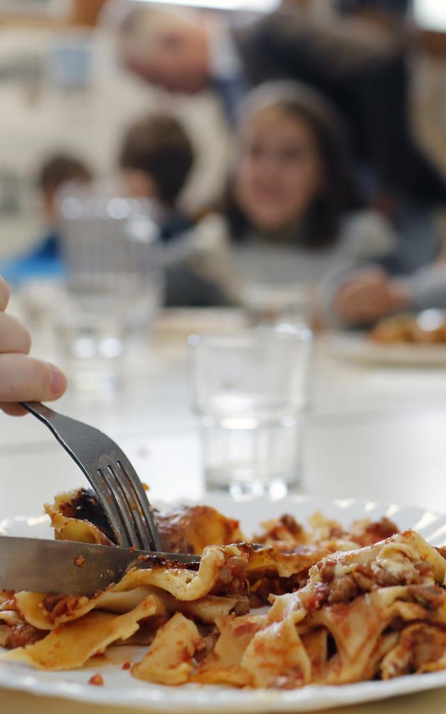 Primary school. The canteen with vegan meal.  Saint Gervais les Bains. France.