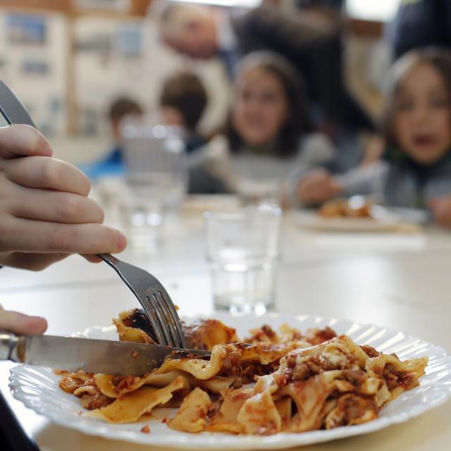 Primary school. The canteen with vegan meal.  Saint Gervais les Bains. France.